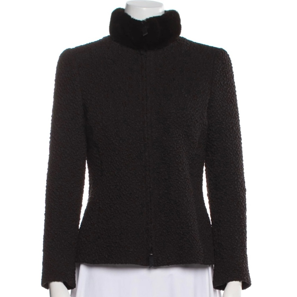 Akris Wool Silk Mink Fur Collar Stretch Crinkle Long Sleeve Evening Jacket, 14